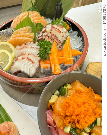 Japanese Seafood Dining Set With Sashimi Platter And Tuna Rice Bowl Japanese Seafood Dining Set With Sashimi Platter And Tuna Rice Bowl 140937876