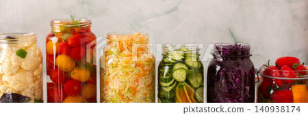 Fermentation of fresh cabbage, tomatoes, cucumbers, peppers and cauliflower, packed with probiotics and nutrition for a healthy diet, banner Fermentation of fresh cabbage, tomatoes, cucumbers, peppers and cauliflower, packed with probiotics and nutrition for a healthy diet, banner 140938174