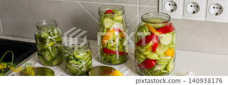 Cucumbers, peppers, and zucchini are being prepared and placed in jars for canning. Fresh ingredients are cut and organized on a clean kitchen counter for preserving, banner Cucumbers, peppers, and zucchini are being prepared and placed in jars for canning. Fresh ingredients are cut and organized on a clean kitchen counter for preserving, banner 140938176