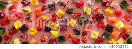 Ice cubes with frozen berries and fruits and mint on a red background, banner Ice cubes with frozen berries and fruits and mint on a red background, banner 140938211