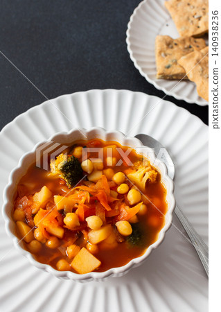 A bowl of red soup with chickpeas, tomatoes, carrots, potatoes, and broccoli sits on a checkered tablecloth next to flaxseed bread. This meal offers nutrition and flavor at any time A bowl of red soup with chickpeas, tomatoes, carrots, potatoes, and broccoli sits on a checkered tablecloth next to flaxseed bread. This meal offers nutrition and flavor at any time 140938236