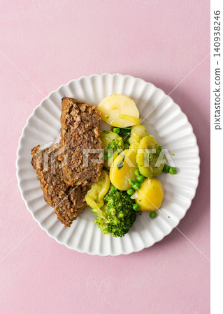 A plate of boiled potatoes, turkey meat pie, broccoli, and green peas is ready for breakfast. This meal is healthy and offers a good start to the day with nutritious ingredients A plate of boiled potatoes, turkey meat pie, broccoli, and green peas is ready for breakfast. This meal is healthy and offers a good start to the day with nutritious ingredients 140938246