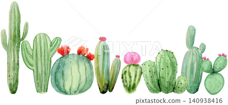 Watercolor Cactus Cacti Border Footer Watercolor Cactus Cacti Border Footer 140938416