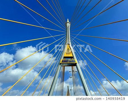 Distant Angle Editorial Of Bhumibol Bridge Cable Suspension Under Clear Sky Distant Angle Editorial Of Bhumibol Bridge Cable Suspension Under Clear Sky 140938419