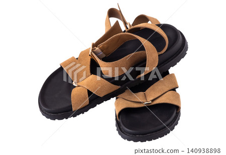 Stylish Brown Suede Summer Sandals isolated on white background, Casual Flat Platform Strappy Shoes Stylish Brown Suede Summer Sandals isolated on white background, Casual Flat Platform Strappy Shoes 140938898