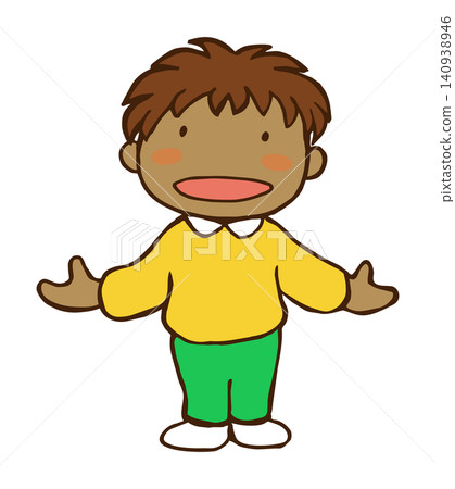 A dark-skinned boy stands with his arms outstretched. A dark-skinned boy stands with his arms outstretched. 140938946