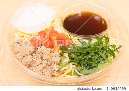 Cold pasta with tuna, grated daikon radish, and perilla leaves Cold pasta with tuna, grated daikon radish, and perilla leaves 140939069