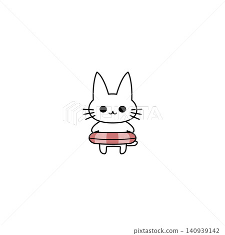 A cute white kitten wearing a pink inflatable ring in a summer illustration. A cute white kitten wearing a pink inflatable ring in a summer illustration. 140939142