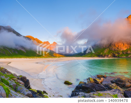 Fjord at midnight sun. Lofoten islands, Norway. Norwegian arctic landscape. Fjord at midnight sun. Lofoten islands, Norway. Norwegian arctic landscape. 140939478