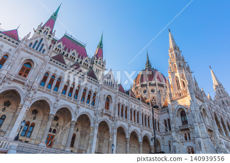 Stunning Gothic Revival architecture of Hungary Parliament close up, Budapest Stunning Gothic Revival architecture of Hungary Parliament close up, Budapest 140939556