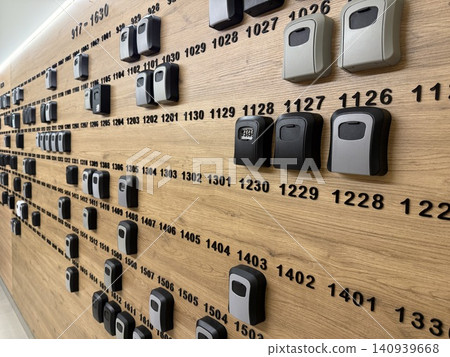 Wall with electronic locks and numbered key boxes for secure access management systems background Wall with electronic locks and numbered key boxes for secure access management systems background 140939668