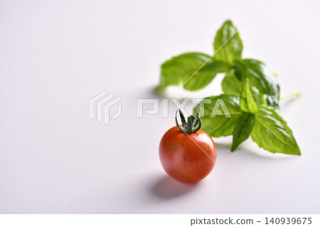 [Cherry tomatoes, basil, vegetables, ingredients, white background, cooking ingredients, copy space] 140939675