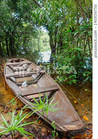 small wooden canoe on riverbank in the middle of Brazilian Amazon rainforest small wooden canoe on riverbank in the middle of Brazilian Amazon rainforest 140939750