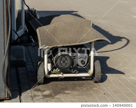 Portable gasoline generator covered with a protective mat on a brick pavement during daylight, providing emergency power supply for outdoor utility needs in an urban environment Portable gasoline generator covered with a protective mat on a brick pavement during daylight, providing emergency power supply for outdoor utility needs in an urban environment 140940001