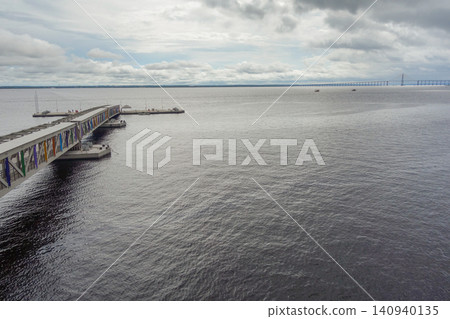 Manaus, AM, Brazil: extensive pier extends out over Negro river. Mirante Lucia Almeida observatory Manaus, AM, Brazil: extensive pier extends out over Negro river. Mirante Lucia Almeida observatory 140940135