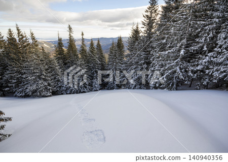 Christmas winter landscape. Beautiful tall fir trees covered with snow and frost on mountain slope lit by bright sun rays on blue sky copy space background. Happy New Year and merry Christmas card. 140940356