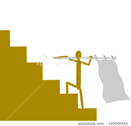 Stick Figure Character Carrying Blank White Flag Walking Up Stairs Isolated on White Background Stick Figure Character Carrying Blank White Flag Walking Up Stairs Isolated on White Background 140940442