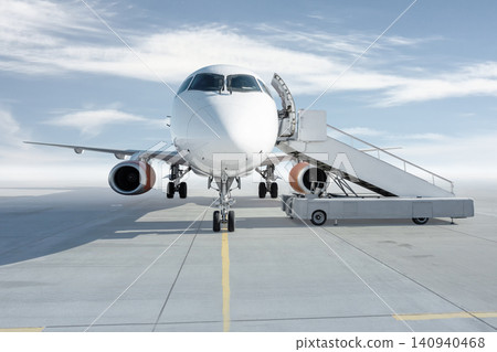 Front view of the white passenger airliner with boarding steps isolated on bright background with sky Front view of the white passenger airliner with boarding steps isolated on bright background with sky 140940468