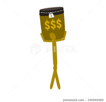 Stick Figure Character Lifting Heavy Locked Dollar Money Barrel Isolated on White Background Stick Figure Character Lifting Heavy Locked Dollar Money Barrel Isolated on White Background 140940469