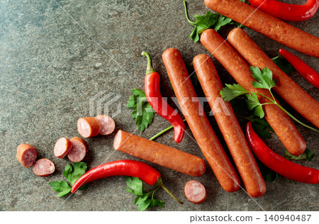 Sausages with red pepper and parsley on a stone table. Sausages with red pepper and parsley on a stone table. 140940487