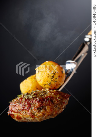 Roasted potatoes with cutlet and thyme. 140940496