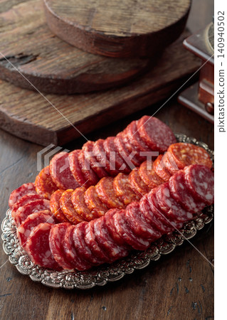 Smoked sausages on a silver tray. Smoked sausages on a silver tray. 140940502
