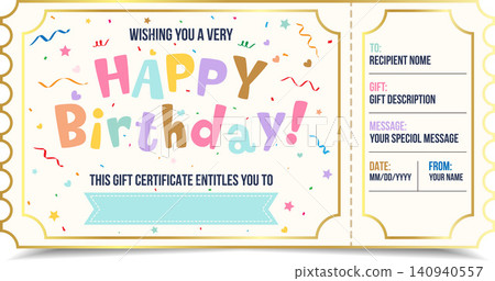 Premium birthday gift certificate voucher featuring a sophisticated gold border, confetti accents, and customizable fields for personal messages and event details, perfect for creating luxurious surpr Premium birthday gift certificate voucher featuring a sophisticated gold border, confetti accents, and customizable fields for personal messages and event details, perfect for creating luxurious surpr 140940557