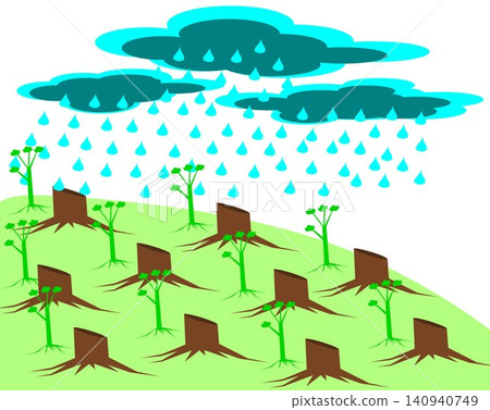 Rain falling from clouds onto young trees and tree stumps vector illustration 140940749