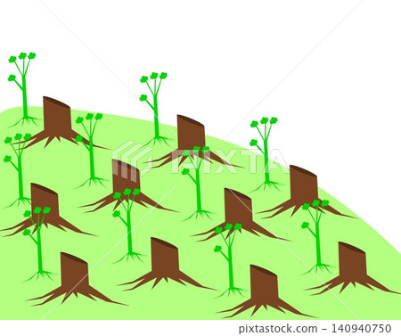 Young green trees growing next to old tree stumps vector illustration isolated on white background Young green trees growing next to old tree stumps vector illustration isolated on white background 140940750