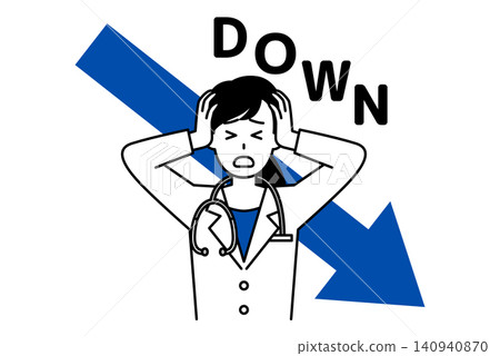 一個向下的箭頭,以及一位雙手抱頭、一臉擔憂的女醫生。 一個向下的箭頭,以及一位雙手抱頭、一臉擔憂的女醫生。 140940870