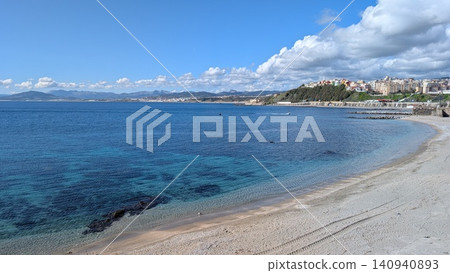 Panoramic view of the sandy beach with blue sky and clouds Panoramic view of the sandy beach with blue sky and clouds 140940893