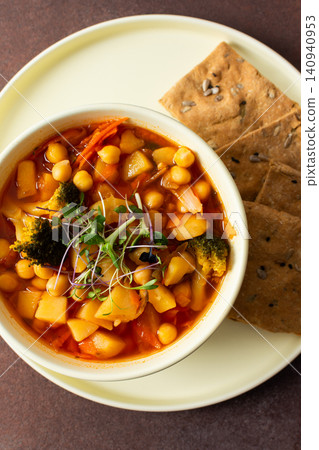 Red soup made with tomatoes, carrots, potatoes, chickpeas, and broccoli is served with gluten-free flaxseed bread for a healthy meal. This dish is good for breakfast or lunch Red soup made with tomatoes, carrots, potatoes, chickpeas, and broccoli is served with gluten-free flaxseed bread for a healthy meal. This dish is good for breakfast or lunch 140940953