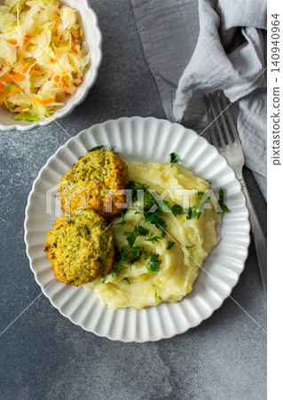 This plate features mashed potatoes, two turkey meatballs, and a side of fermented cabbage. Fresh herbs are sprinkled on top, creating a balanced meal choice This plate features mashed potatoes, two turkey meatballs, and a side of fermented cabbage. Fresh herbs are sprinkled on top, creating a balanced meal choice 140940964