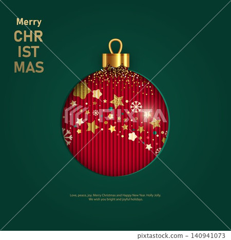A design featuring paper appliqu and embossing techniques, depicting a red Christmas bauble on a green background, decorated with a ribbon of stars and snowflakes. 140941073