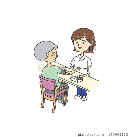 Illustration of a nurse measuring the blood pressure of an elderly person / Automatic blood pressure monitor / Female nurse Illustration of a nurse measuring the blood pressure of an elderly person / Automatic blood pressure monitor / Female nurse 140941110