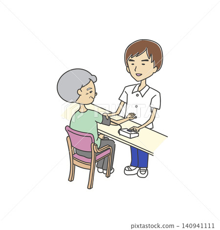 護理師正在為一位老年人測量血壓的插圖 / 自動血壓計 / 男護士 140941111