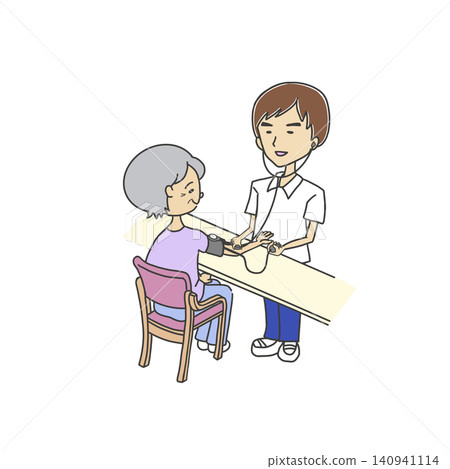 插圖描繪了一名男護士使用無汞血壓計為一位老年婦女測量血壓的情景。 140941114