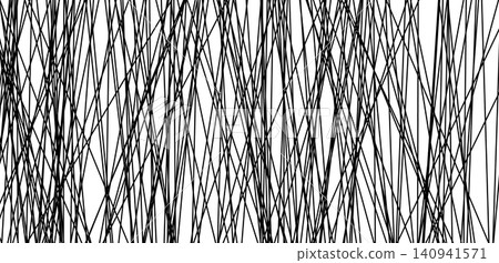 Random line chaos forming intricate stripe pattern. Abstract geometric background with tangle diagonal rays, grunge texture, and asymmetrical monochrome design elements. 140941571
