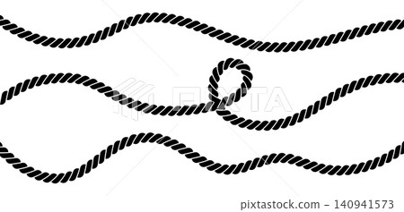 Rope wave patterns and loops create nautical borders. Twisted cord curves form decorative marine elements with cable textures for sailor designs. 140941573