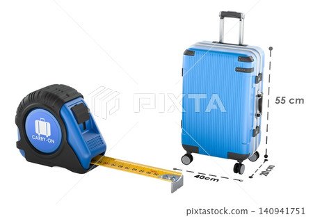 Carry on luggage size check with measuring tape. Airline baggage size limit and travel preparation concept, 3d rendering 140941751