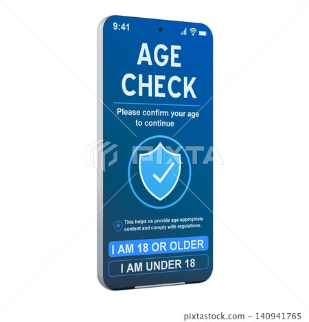 Smartphone with age check screen and confirmation buttons. Online age verification, access control and regulatory compliance, concept. 3d rendering Smartphone with age check screen and confirmation buttons. Online age verification, access control and regulatory compliance, concept. 3d rendering 140941765