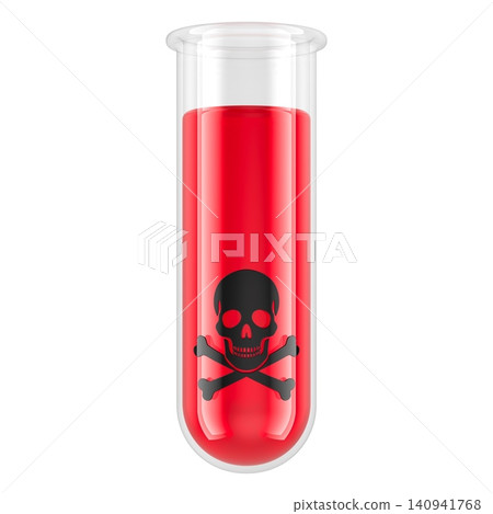 Toxic red liquid test tube with skull hazard symbol. 3D rendering Toxic red liquid test tube with skull hazard symbol. 3D rendering 140941768