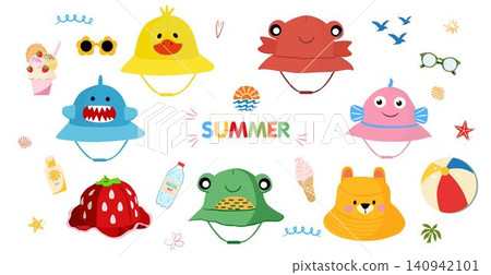 Kids summer bucket hat collection with cute animal faces and beach accessories vector illustration Kids summer bucket hat collection with cute animal faces and beach accessories vector illustration 140942101