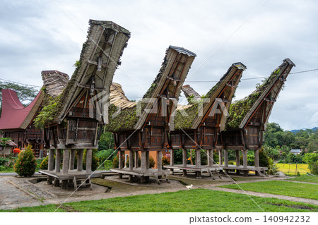 Traditional Toraja houses with buffalo horns, Sulawesi, Indonesia Traditional Toraja houses with buffalo horns, Sulawesi, Indonesia 140942232