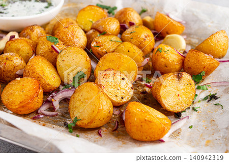 young baked potatoes, with chopped herbs and onions, cooked on a baking sheet, in the kitchen young baked potatoes, with chopped herbs and onions, cooked on a baking sheet, in the kitchen 140942319