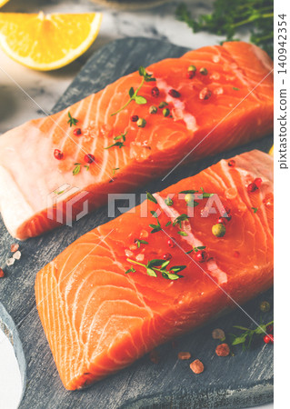 Fresh salmon fillets with herbs and citrus on a wooden cutting board at a kitchen counter ready for cooking Fresh salmon fillets with herbs and citrus on a wooden cutting board at a kitchen counter ready for cooking 140942354