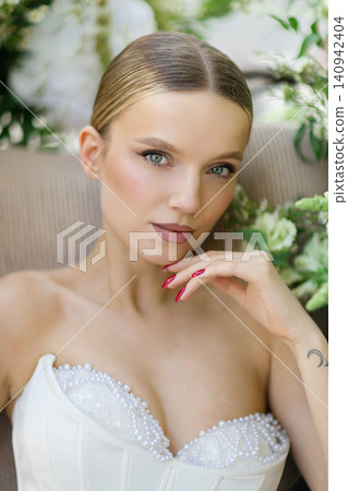 Bride posing in wedding dress with pearls Bride posing in wedding dress with pearls 140942404