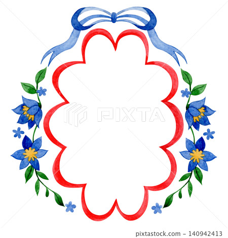 Whimsical frame with flowers and ribbons. Watercolor illustration, wedding decoration. Whimsical frame with flowers and ribbons. Watercolor illustration, wedding decoration. 140942413