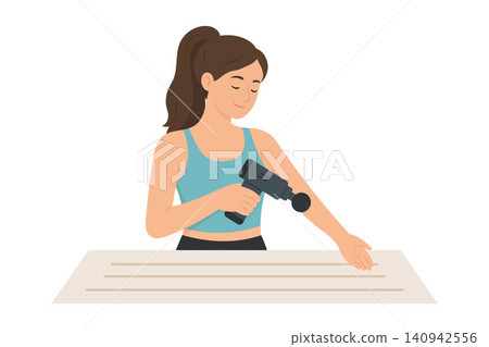 Woman Using Massage Gun on Forearm at Home, Muscle Recovery and Pain Relief Woman Using Massage Gun on Forearm at Home, Muscle Recovery and Pain Relief 140942556