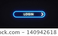 Neon blue glowing Login button with arrow on dark transparent background. Bright rounded web UI element for website, app or game interface design. 140942618
